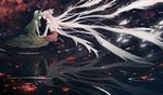  absurdly_long_hair bow closed_eyes ex-keine forehead-to-forehead fujiwara_no_mokou green_hair hair_bow highres holding_hands horns kamishirasawa_keine kneeling long_hair multiple_girls nyki petals reflection silver_hair suspenders tail touhou very_long_hair 