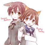  animal_ears back-to-back bad_id bad_pixiv_id brown_eyes brown_hair cat_ears cat_tail dog_ears gertrud_barkhorn long_hair lowres military military_uniform miyafuji_yoshika multiple_girls sailor short_hair strike_witches tail tamaki_(209) twintails uniform world_witches_series 