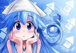  :&lt; :o absurdres blue_eyes blue_hair dress hands_on_own_face hat highres ikamusume long_hair shinryaku!_ikamusume solo squid staring tentacle_hair yinzhai 