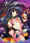  1girl 3: absurdres arm_garter bat_print black_bra black_hair black_legwear black_panties black_thighhighs black_thong blue_eyes blush bra breasts bunny candy candy_cane candy_wrapper cape copyright_request garter_belt gem halloween hand_on_thigh hat highres jack-o&#039;-lantern jack-o&#39;-lantern jack-o'-lantern kamikaze_explorer! lingerie lollipop mouth_hold navel nipples no_shoes oshiki_hitoshi panties pinstripe_pattern print_legwear pumpkin pussy solo striped striped_bra swirl_lollipop thighhighs underboob underwear underwear_only usami_saori vertical_stripes witch_hat 