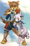  1girl animal_ears cat_ears cat_tail elh_melizee furry goggles height_difference highres looking_at_viewer red_savarin smile solatorobo tail white_hair 