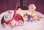  babydoll bat_wings bed blonde_hair blue_hair corset feet garter_straps hat highres lingerie long_hair multiple_girls outstretched_leg purple_eyes red_eyes red_legwear remilia_scarlet short_hair thighhighs thighhighs_pull touhou underwear utadokei wings yakumo_yukari 