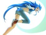  abs asymmetrical_clothes blue_eyes blue_hair cosplay crop_top denim felicia gloves jeans long_hair looking_back midriff one_eye_closed pants single_pantsleg solo sonic sonic_(cosplay) sonic_the_hedgehog vampire_(game) yagisaka_seto 