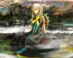  bad_id bad_pixiv_id bare_shoulders canyon choker cloud dress fantasy flower forest hair_flower hair_ornament jasmine_(jasco) nature original rock skyline solo twintails white_hair yellow_eyes 