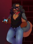  2019 anthro arnachy belt black_hair canid canine canis cellphone claws clothed clothing collar digital_media_(artwork) domestic_dog fully_clothed hair hand_in_pocket hi_res holding_object holding_phone jeans looking_at_viewer malamute male mammal pants phone shirt solo 