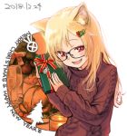  1girl animal_ears bangs blonde_hair blush box cat_ears christmas dated english_text eyebrows_visible_through_hair fang gift gift_box glasses happy_new_year long_hair merry_christmas new_year open_mouth original pine pine-chan_ver._2 red_eyes solo sweater upper_body white_background 