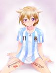  adidas argentina blonde_hair clothes_writing company_connection ijuuin_mei kaiga konami no_pants pro_evolution_soccer purple_eyes short_hair soccer_uniform solo sportswear tokimeki_memorial tokimeki_memorial_2 