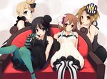  akiyama_mio aqua_legwear black_eyes black_hair blonde_hair brown_eyes brown_hair couch don't_say_&quot;lazy&quot; dress facepaint finger_licking fujirin hair_bun hat highres hirasawa_yui k-on! kotobuki_tsumugi licking long_hair mini_hat mini_top_hat multiple_girls pantyhose short_hair sitting striped striped_legwear tainaka_ritsu top_hat vertical-striped_legwear vertical_stripes wallpaper 