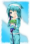  aqua_hair blue_eyes kochiya_sanae sleepy solo tatara_kogasa touhou yuzutei 