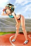  adjusting_eyewear antenna_hair bad_id bad_pixiv_id bent_over black_hair brown_eyes eyewear_on_head idolmaster idolmaster_(classic) idolmaster_2 kikuchi_makoto masobe_(masbe) no_socks one_eye_closed open_mouth short_hair solo sports_bra sunglasses sunlight sweat track wristband 