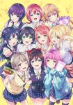  6+girls :d ;d asaka_karin black_hair blonde_hair blue_eyes blue_hoodie brown_hair chado clenched_hand closed_mouth commentary emma_verde finger_to_mouth green_eyes hood hoodie konoe_kanata light_brown_hair looking_at_viewer love_live! love_live!_nijigasaki_high_school_idol_club miyashita_ai multiple_girls nakasu_kasumi neck_ribbon nijigasaki_academy_school_uniform one_eye_closed open_mouth ousaka_shizuku pink_eyes pink_hair purple_eyes red_hair ribbon rina-chan_board school_uniform smile summer_uniform symbol-only_commentary takasaki_yuu tennouji_rina uehara_ayumu vest yellow_background yellow_eyes yuuki_setsuna_(love_live!) 