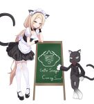  1girl :3 :d absurdres alternate_costume animal_ear_fluff animal_ears apron bangs black_bow black_bowtie black_cat black_footwear blonde_hair bow bowtie breasts cat cat_ears cat_tail chalkboard_sign cleavage commentary_request counter:side dated_commentary dress english_text enmaided fake_animal_ears fake_tail forehead frilled_dress frills full_body hand_on_own_cheek hand_on_own_face high_heels highres korean_commentary laura_beatrix leaning_on_object long_hair looking_at_viewer low_ponytail maid maid_apron maid_headdress monocle parted_bangs pigeon-toed pluto_(counter:side) royalmonkey short_sleeves sleeve_cuffs small_breasts smile standing tail thighhighs transparent_background very_long_hair white_thighhighs yellow_eyes zettai_ryouiki 