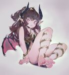  absurdres aspirine4832 bare_arms bare_shoulders barefoot brown_hair commentary_request feet full_body highres horns long_hair looking_at_viewer original pointy_ears red_eyes simple_background sitting soles toes white_background wings yong_(mg) 