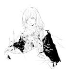  2girls absurdres arknights book cecilia_(arknights) chuzenji earrings energy_wings hair_ribbon halo highres jewelry long_hair monochrome mother_and_daughter multiple_girls official_art reading ribbon ring shawl sketch white_background 