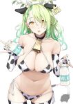  1girl animal_ears animal_print antlers bell bikini bottle braid breasts ceres_fauna cleavage cow_ears cow_print cow_tail cowbell ear_tag green_hair green_nails highres hololive hololive_english large_breasts long_hair looking_at_viewer midriff milk milk_bottle mitsuru_(pixiv_34028718) nail_polish navel neck_bell open_mouth simple_background solo swimsuit tail virtual_youtuber white_background yellow_eyes zettai_ryouiki 