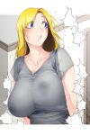  1girl aratama_(a-tama) arms_at_sides blonde_hair blue_eyes blush bouncing_breasts breasts collarbone covered_nipples curvy door flying_sweatdrops grey_shirt indoors large_breasts letterboxed looking_back mature_female original parted_lips plump see-through shirt surprised sweat t-shirt upper_body wall 