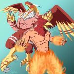  angry anthro avian bandai_namco beak biceps bird chicken claws digimon digimon_(species) duo feathered_wings feathers fire galliform gallus_(genus) garudamon gryphon jojo&#039;s_bizarre_adventure looking_at_another magician&#039;s_red male muscular muscular_male mythological_avian mythology nuree_art phasianid screaming simple_background wings yellow_beak 