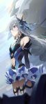  1girl absurdres bangs bare_shoulders black_leotard blurry blurry_foreground breasts bronya_zaychik clothing_cutout commentary_request depth_of_field floating_hair grey_eyes grey_hair hair_between_eyes highres honkai_(series) honkai_impact_3rd layered_skirt leotard long_hair looking_away mecha muhan_(user_azze8777) navel navel_cutout pleated_skirt robot skirt small_breasts solo standing thighhighs very_long_hair white_skirt white_thighhighs 