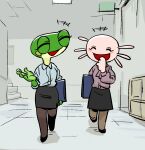  amphibian anthro axolotl chatting clothed clothing duo eyes_closed female frog green_body laugh mole_salamander pink_body salamander_(amphibian) shurueder walking 