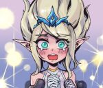  1girl bangs bare_shoulders blonde_hair blush english_commentary gradient gradient_background green_eyes interlocked_fingers janna_(league_of_legends) league_of_legends light long_hair looking_at_viewer own_hands_together phantom_ix_row pointy_ears press_conference shiny shiny_hair solo teeth tiara upper_teeth 