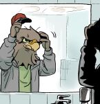  accipitrid accipitriform anthro avian bathroom bird bodily_fluids brown_body brown_feathers clothed clothing eagle faucet feathers hand_on_head hat headgear headwear looking_at_mirror looking_at_object male mirror public_restroom shurueder solo sweat sweatdrop 