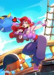  1girl absurdres blue_eyeshadow breasts captain_syrup cleavage curly_hair earrings eyeshadow highres jewelry kiss large_breasts lipstick makeup one_eye_closed pink_lips red_eyes red_hair ship thegreyzen wario_land watercraft wavy_hair 