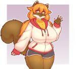  anthro big_breasts blush bottomwear breasts brown_body brown_fur chest_tuft clothed clothing dobrota emi_(yasu) female fluffy fluffy_tail fur gesture gulonine hair hi_res hoodie huge_breasts looking_at_viewer mammal marten multicolored_body multicolored_fur mustelid musteline open_mouth open_smile orange_hair pigtails red_eyes shorts simple_background smile solo topwear tuft waving white_body white_fur yellow-throated_marten yellow_body yellow_fur yellow_sclera 