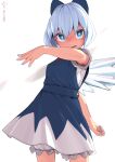  1girl bloomers blue_dress blue_eyes blue_hair blue_nails bow breasts cirno cowboy_shot dress eyebrows_hidden_by_hair hair_bow huxiao_(mistlakefront) ice ice_wings medium_hair small_breasts solo touhou underwear white_bloomers wings 