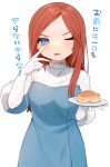  1girl ;p apex_legends ashleigh_reid biscuit_(bread) blue_eyes blush commentary_request elbow_gloves gloves highres long_hair looking_at_viewer multicolored_clothes nagoooon_114 one_eye_closed plate red_hair seamed_gloves short_sleeves solo tongue tongue_out translation_request white_gloves 