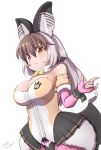  1girl animal_costume animal_ears bat_wings bow bowtie breasts brown_eyes brown_hair brown_long-eared_bat_(kemono_friends) closed_mouth elbow_gloves extra_ears gloves grey_hair kemono_friends kemono_friends_v_project large_breasts leotard long_hair looking_at_viewer microphone multicolored_hair pantyhose simple_background skirt smile solo taurine_8000mg virtual_youtuber wings 