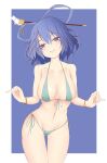  1girl bangle bikini blue_eyes blue_hair bracelet breasts dai_zu_san hair_ornament hair_rings hair_stick index_finger_raised jewelry kaku_seiga navel outside_border pointing solo swimsuit touhou 