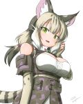  1girl animal_costume animal_ear_fluff animal_ears breasts elbow_gloves extra_ears gloves green_eyes grey_hair jungle_cat_(kemono_friends) kemono_friends kemono_friends_v_project large_breasts long_hair looking_at_viewer microphone open_mouth ribbon scarf shirt simple_background skirt smile solo tail taurine_8000mg twintails virtual_youtuber 
