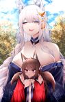  2girls absurdres amagi-chan_(azur_lane) animal_ear_fluff animal_ears azur_lane bare_shoulders blue_kimono blue_sky breasts brown_hair brown_tail cleavage closed_eyes cloud cloudy_sky coat day detached_collar fox_ears fox_tail gold_trim hair_ornament highres holding huge_breasts japanese_clothes kimono kitsune kyuubi large_tail long_hair long_sleeves multiple_girls multiple_tails outdoors purple_eyes red_coat samip shinano_(azur_lane) sky slit_pupils tail tree upper_body white_hair white_tail wide_sleeves 