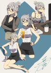  bare_shoulders barefoot beer_can beer_glass blue_eyes camisole can closed_eyes cup drawing drooling glasses grey_hair hair_bun hand_on_hip head_on_hand highres jewelry keyboard_(computer) kobayashi_gen looking_at_viewer marker monitor mug necklace paper pen school_girl_strikers see-through shirt simple_background sitting skirt sleeveless sleeveless_shirt tierra-sensei 