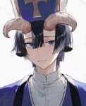  1boy absurdres animal_ears bangs blue_eyes blue_hair demon_cleric goat_boy goat_ears goat_horns grey_background hat highres horns light looking_at_viewer male_focus maou-jou_de_oyasumi shade short_hair simple_background smile solo suechiee 