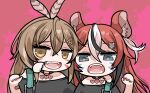  2girls ahoge animal_(vocaloid) animal_ears bare_shoulders black_hair blue_eyes brown_eyes brown_hair clipe facial_mark fangs feather_hair hair_ornament hairclip hakos_baelz heart hololive hololive_english long_hair looking_at_viewer mouse_ears mouse_hair_ornament multicolored_hair multiple_girls nail_polish nanashi_mumei off-shoulder_shirt off_shoulder open_mouth ponytail red_hair shirt smile streaked_hair upper_body virtual_youtuber white_hair 