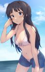  1girl absurdres bikini black_hair blue_eyes blue_shorts blue_sky breasts cloud collarbone commentary_request commission cutoffs day denim denim_shorts front-tie_bikini_top front-tie_top highres idolmaster idolmaster_million_live! long_hair looking_at_viewer medium_breasts mogami_shizuka navel ocean open_clothes open_fly open_shorts pixiv_request short_shorts shorts shuucream_(syuichi) sky solo standing stomach swimsuit water white_bikini 