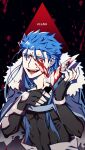  1boy archer_(fate) archer_alter_(fate) arm_guards black_background black_shirt blood blood_on_face blood_on_knife blue_hair bracelet capelet commentary_request cu_chulainn_(caster)_(fate) cu_chulainn_(fate) dol_ishi earrings english_text fangs fangs_out fate/grand_order fate_(series) fur-trimmed_hood fur_trim gloves hair_strand highres holding holding_knife hood hooded_capelet jewelry knife korean_commentary long_hair looking_at_viewer male_focus open_mouth pale_skin red_eyes reflection shirt slit_pupils smile solo 