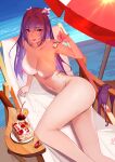  1girl absurdres breasts cake completely_nude fate/grand_order fate_(series) food highres large_breasts long_hair looking_at_viewer lying nude on_side parasol purple_hair red_eyes scathach_(fate) scathach_skadi_(fate) umbrella yaoshan_shi 