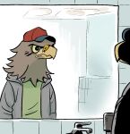  accipitrid accipitriform anthro avian bathroom bird brown_body brown_feathers clothed clothing eagle faucet feathers hat headgear headwear looking_at_mirror looking_at_object male mirror public_restroom shurueder solo 
