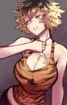  1girl alternate_costume animal_print breasts brown_hair cleavage grey_background highres huge_breasts jewelry leopard_print looking_to_the_side necklace nicecream short_hair simple_background solo tiger_print toramaru_shou touhou 