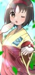  1girl absurdres black_eyes black_hair erika_(pokemon) hairband highres holding holding_poke_ball japanese_clothes kimono kurumiya_(krmy_p) leaf looking_at_viewer one_eye_closed open_mouth poke_ball pokemon pokemon_(game) pokemon_frlg red_hairband short_hair solo twitter_username wide_sleeves yawning 