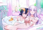  1boy 1girl animal_ears aurora_sya_lis_kaymin bangs bath bathing blue_hair closed_mouth commentary_request demon_cleric feet goat_ears goat_horns highres horns indoors legs long_hair looking_at_viewer maou-jou_de_oyasumi mixed_bathing nude open_mouth pectoral_cleavage pectorals purple_eyes purple_hair rubber_duck shampoo_bottle short_hair sleeping soap soap_bubbles star-shaped_pupils star_(symbol) symbol-shaped_pupils window yostuba0704 