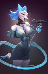  2022 android anthro biped black_background black_body blue_body blue_hair breasts cleavage clothed clothing deltarune digital_media_(artwork) domestic_cat dress felid feline felis female hair hi_res machine mammal microphone multicolored_body open_mouth robot short_dress simple_background singing skygracer solo tasque_manager undertale_(series) video_games white_body 