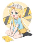  1girl absurdres ahoge bangs black_footwear blonde_hair blue_shirt blush boots child collarbone commentary_request cosplay green_eyes hat hataraku_saibou highres himesaka_noa long_hair painter-lhb parted_bangs platelet_(hataraku_saibou) platelet_(hataraku_saibou)_(cosplay) shirt short_sleeves shorts sitting smile solo very_long_hair wariza watashi_ni_tenshi_ga_maiorita! white_background white_headwear white_shorts yellow_bag 