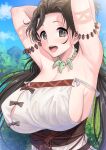  1girl armpits arms_behind_head arms_up bare_shoulders blue_sky body_markings breasts brown_eyes brown_hair cleavage day dress facial_mark fate/grand_order fate_(series) forehead forehead_mark highres himiko_(fate) jewelry large_breasts long_hair magatama magatama_necklace necklace open_mouth sash sideboob sky smile solo topknot twintails white_dress youshuu 