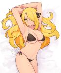  1girl absurdres armpits arms_up bed_sheet bikini black_bikini blonde_hair blush breasts closed_mouth cynthia_(pokemon) facing_viewer furrowed_brow hair_ornament hair_over_one_eye highres kellila93 large_breasts long_hair looking_to_the_side lying navel on_back pokemon pokemon_(game) pokemon_dppt side-tie_bikini_bottom signature skindentation solo stomach swimsuit very_long_hair wavy_hair yellow_eyes 