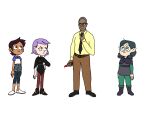  adjusting_tie amity_blight blood bodily_fluids box_cutter breaking_bad clothing confusion crossover digital_media_(artwork) disney drawing eyewear female glasses green_clothing green_highlights group gustavo_fring hair highlights_(coloring) human humanoid kama_and_hallie luz_noceda male mammal necktie purple_hair simple_background taller_male teenager the_owl_house white_background willow_park witch_(the_owl_house) yellow_clothing young 