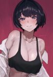  1girl artist_name bare_shoulders black_tank_top blush breasts cleavage collarbone crop_top grin highres large_breasts looking_at_viewer off_shoulder original parted_lips short_hair smile solo sooon stomach tank_top teeth 
