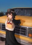  1girl bag black_headwear black_necktie bow brown_eyes brown_hair burger car collared_shirt day fjsmu food ground_vehicle hat hat_bow highres holding holding_bag holding_food long_sleeves looking_at_viewer motor_vehicle necktie open_mouth outdoors paper_bag shirt short_hair solo touhou usami_renko white_bow white_shirt 